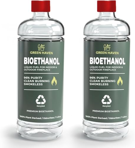 Green Haven Bioethanol Fuel 2L Premium Clean Burning Bio Ethanol Fireplace Fuel Smokeless Odourless Indoor Outdoor Fuel for Fire Pits Burners & Tabletop Fires (96% Purity)