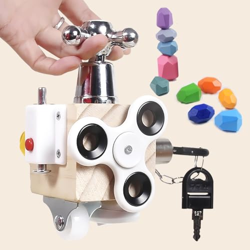 Image of Busy Cube Montessori Lock and Key Toy Set for Toddlers Kids Sensory Wooden Activity Busy Board with 10 Sorting Stacking Rocks Stones Educational Activities Travel Toy Kids Gifts for Birthday Festivals