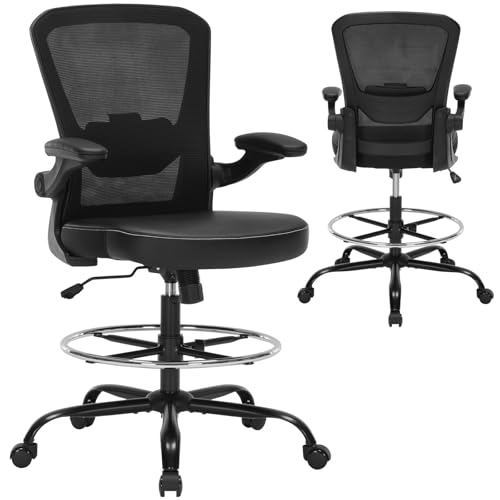 Image of Drafting Chair Tall Office Chair with PU Leather Seat, 400lbs Ergonomic Standing Desk Chair with Lumbar Support,Counter Stool with Adjustable Footrest Ring & Flip-up Armrests,Black