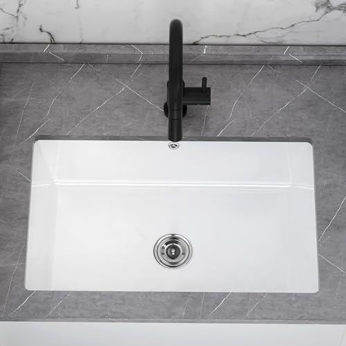 White bathroom ceramic sink, undercounter ceramic washbasin, built-in balcony washbasin with black swivel faucet, bathroom vessel sink , fired at 1268°C, suitable for bathrooms, balconies, etc. ( Size