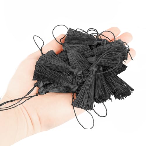 Image of 48Pcs Mini Bookmark Tassels Handmade Keychain Silky Tassel | (Black)3.75inch Tassel, Silky Floss Craft Tassel for Jewelry Making,Tags,DIY Accessory
