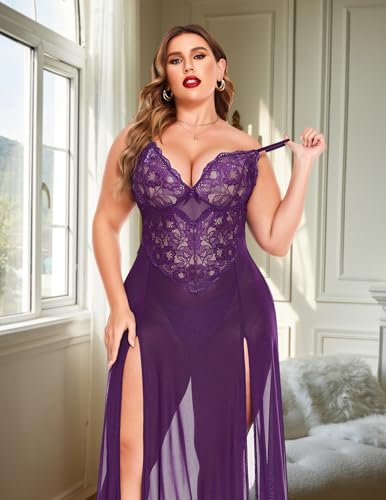 Image of Avidlove Plus Size Lingerie for Curvy Women Long Lace Babydoll Nightdress | V neck sheer mesh nightgown,g-string included,high side slits,adjustable straps,curve-flattering fit,maternity photoshoot
