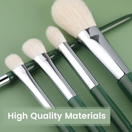 Natural Real Goat Hair Makeup Brushes Set Labeled 9 Piece Face and Eye Brush Set Ultra soft hair Foundation, Concealer, Blush, Contour, Blending, Eyeshadow Kabuki travel makeup brush set (green) Alternate view