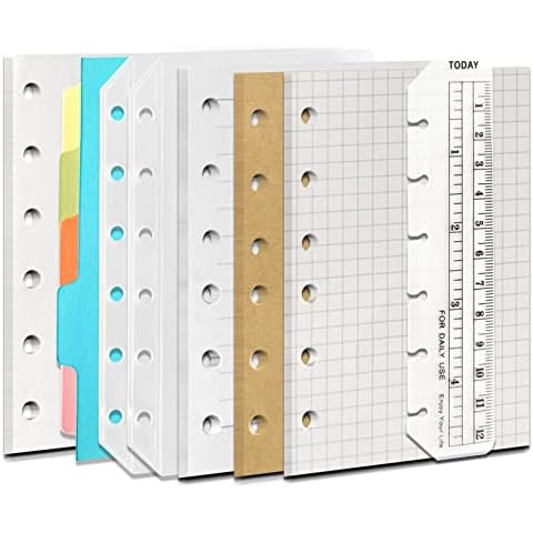 DY.2ten A7 6-Hole Binder Notebook Refills Set -( Gridded Paper Refills + Lined Paper + Kraft Paper + Blank Loose Leaf Paper ) 180 Sheets + 2pcs A7 Zipper Binder Pockets + 5 Pcs A7 Dividers + Ruler Cover