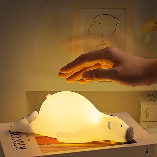 LIBOOI Lying Bear - Luz nocturna LED para niños, luz nocturna regulable de silicona, lámpara táctil recargable para dormir con temporizador de 30 minutos, regalos para niños y niñas