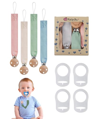 ZKUNL 4 pcs Chupetero para Bebé Tela Cadenas Chupetes con Pinza de Madera de Haya Natural, Cinta Suave Unisex Recién Nacido Universal para Niño y Niñas,Con hebilla de silicona,Caja de regalo