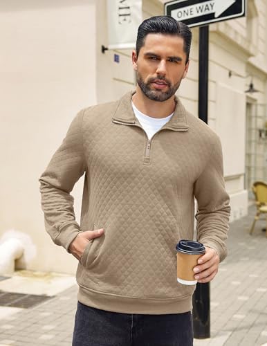 Coofandy Mens Quilted Pullover Half Zip Outdoor Casual Stand Collar Long Sleeve Sweatshirt Big And Tall Mock Neck Sweater Clothing Fall 2024 Cream thumb #1