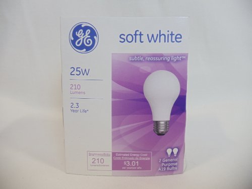 GE Soft White Light Bulbs for Home Use, 25W, 210 Lumens, A19 Medium Base, Pack of 2