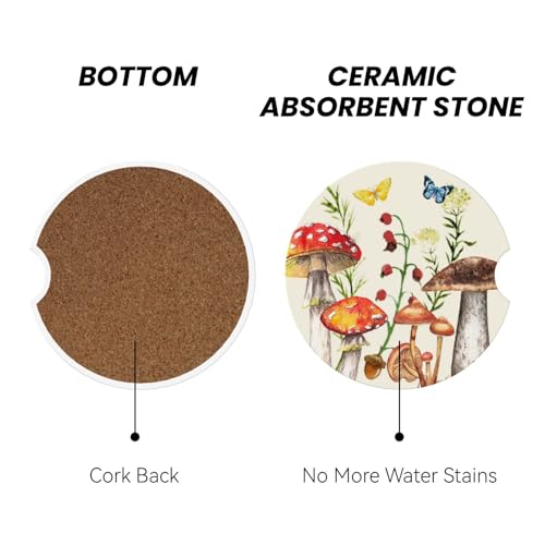 Image of Mushroom Butterfly Car Coasters for Cup Holder Absorbent Ceramic Cup Coaster 2 Pack Anti Slip Car Interior Accessories with Finger Notch Cork Base for Women Men 2.56 inch