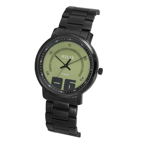 Image of Helix by Timex Analog Watch for Man with Green Round Dial & Black Stainless Steel Bracelet Band Water Resistant Men's Wrist Watches - TW053HG05