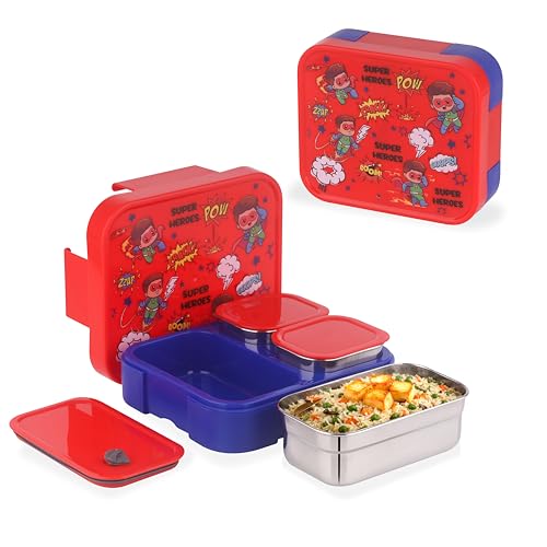 Image of ATTRO Admire Deluxe 3 Compartment Stainless Steel Lunch Box, BPA-Free Inner Steel, Lightweight & Durable, Easy Carry Tiffin for Kids,School & Travel-Superhero Print Red-800ml