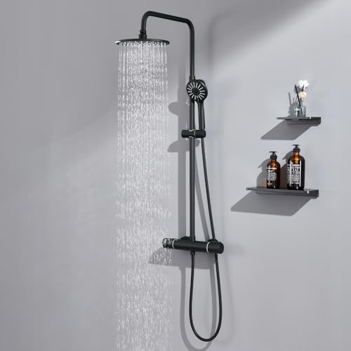 Auralum Columna Ducha Termostatica, Columna Ducha Negra Altura Regulable, Grifo Ducha Termostatico con Ducha de Mano 3 Modos