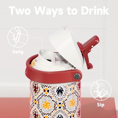 Image of 24 oz Insulated Water Bottle for Sports: Meoky Stainless Steel Water Bottle with 2-in-1 Straw and Spout Lid - Leak Proof, Cold for 24 Hours, Fits in Car Cup Holder, BPA-Free for Travel Gym, Folk Charm