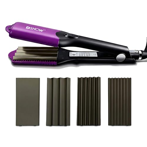 DSHOW 4 in 1 Hair Crimper and Straightener, Titanium Ceramic Hair Crimping Iron with 4 Interchangeable Plates (3 Crimper & 1 Flat), 140-220℃, Dual Voltage