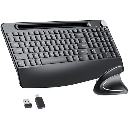 Full-Size Ergonomic Keyboard and Mouse 2.4GHz Wireless Scissor Keys Keyboard and vertical Mouse with Tablet Phone Holder Wrist Rest for Computer Mac PC Laptop Chromebook