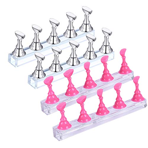 4 Set Acrylic Nail Art Display Stand, Magnetic Nail Tips Practice Holder Stand Fingernail DIY Display Stands for Home and Salon False Nail Tip Manicure Too (2Silver2Pink)