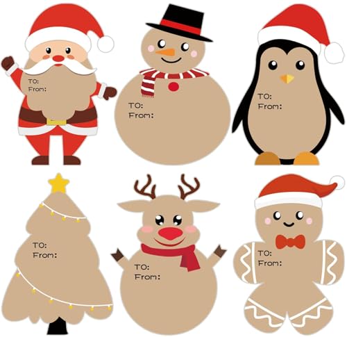 120 PCS Christmas Stickers Gift Tags, Xmas Cute Tree Labels Roll 2.8 x 2 Inch Kraft Paper Self-Adhesive Name Tags Writable Removable for Holiday Presents