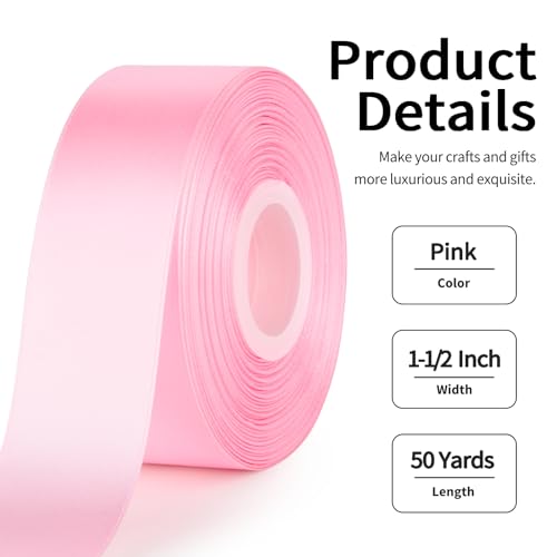 Image of Mauproy 1-1 /2 Inch Wide Pink Satin Ribbon, 50 Yards Solid Polyester Fabric Ribbon for Roses Making, Gift Wrapping, Flower Bouquets, Wedding Decorations, Handmade Crafts