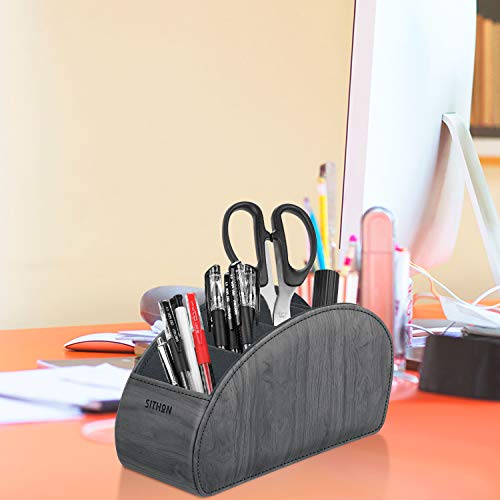 Image of SITHON Remote Control Holder with 5 Compartments - PU Leather Remote Caddy Desktop Organizer Store TV, DVD, Blu-Ray, Media Player, Heater Controllers, Woodgrain Gray