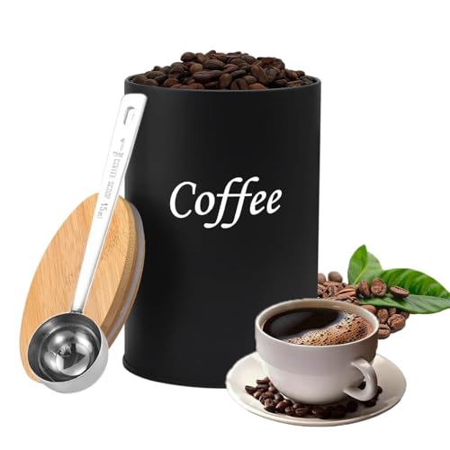 PEEXTBB Luftdicht Kaffeedose, 500 ml Bohnen Vorratsdose mit Edelstahllöffel, Eisen Kaffeedose mit Holzdeckel, Kaffeebohnen Aufbewahrung, Geeignet für Büros, Wohnungen und Cafés, Schwarz