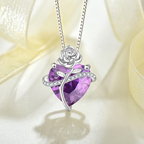 Birthstone Necklace for Women 925 Sterling Silver Love Heart Rose Flower Necklace Dainty Jewelry Gifts for Women Wife Girlfriend Mother Daughter Her4