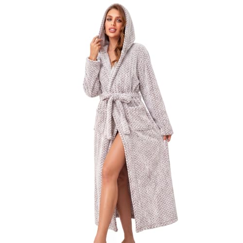 Image of RONGTAI Womens Robes Plush Fleece Hooded Bathrobe Thick Nightgown with Pockets Fluffy Sleepwear