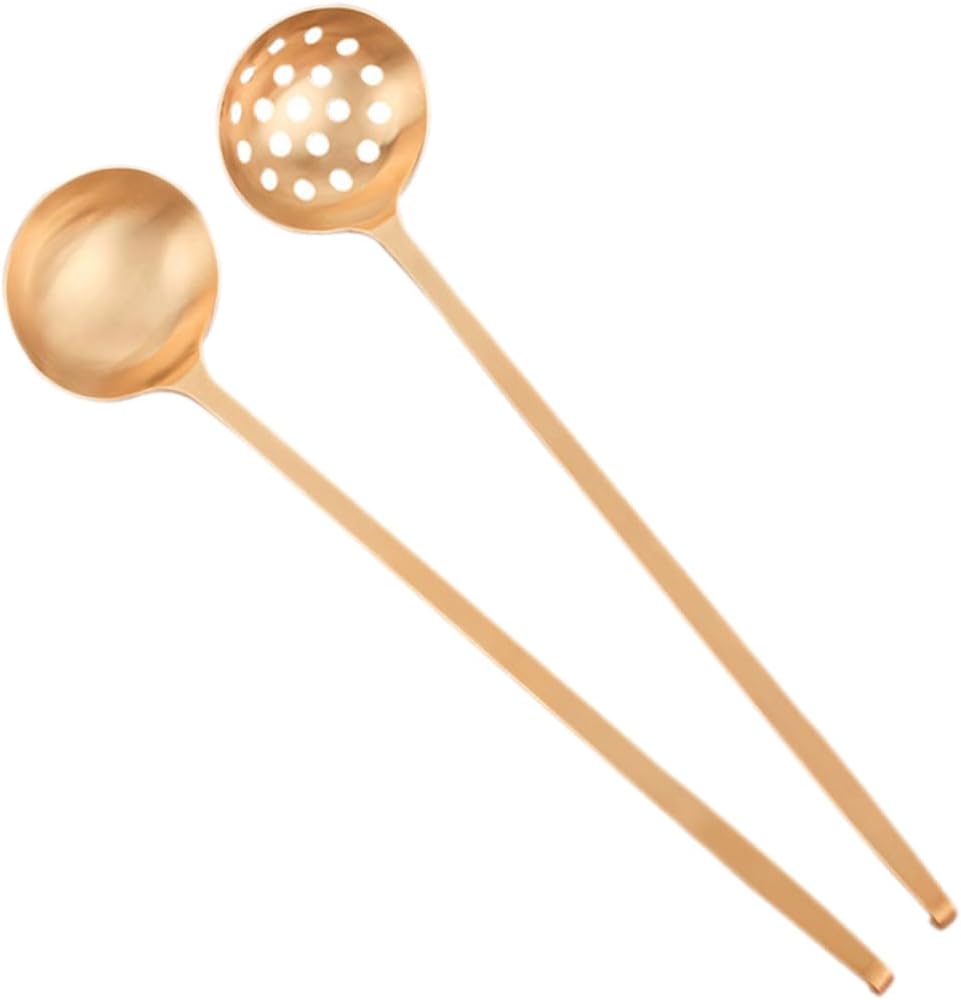 IMIKEYA 2Pcs Long Handle Hot Pot Ladle Set Heavy-Duty Brass Soup Ladles and Strainers Kitchen Colander Utensils for Serving Food for Home Cooking and Buffet