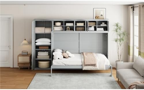 Queen Size Murphy Bed with Storage Cabinets, Foldable Space-Saving Cabinet Bed Wall Bed, Murphy Bed Cabinet for Bedroom, Guest Room, Home Office, Grey