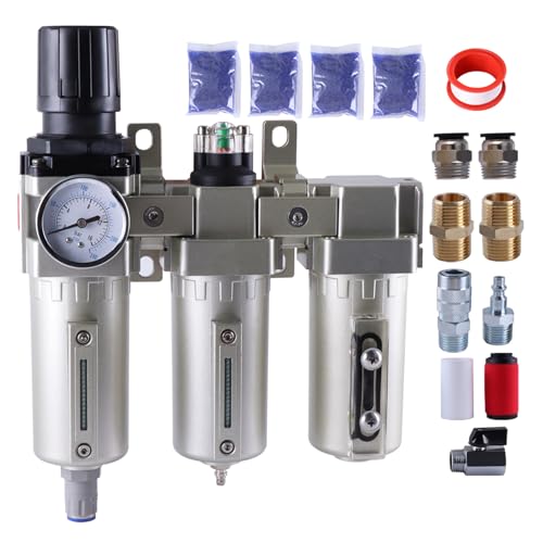 GCESSOIRY 1/2 Inch NPT Industrial Grade Three Stage Air Drying System, Particulate Filter, Coalescing Filter, Desiccant Dryer and Air Regulator, 0-240 PSI, Auto Drain