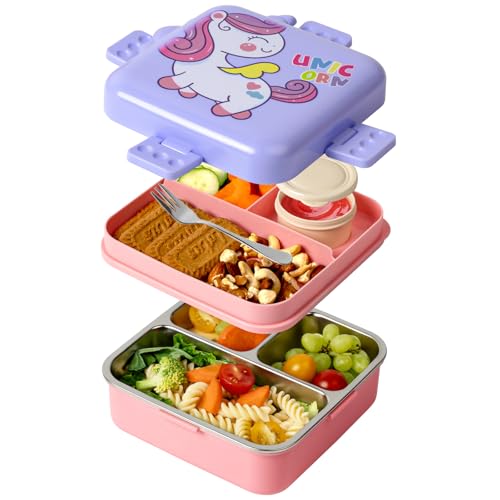 Stainless Steel Double-Layer Bento Box Container with 3 Compartments
