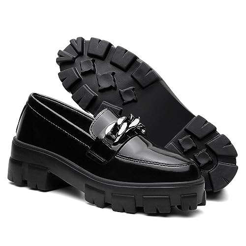 Mocassim Feminino Preto Solado Tratorado Looks Tendência - Preto Prata/38