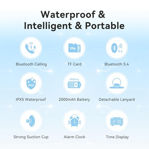 AGPTEK Bluetooth Lautsprecher Tragbare Mini Musikbox Bluetooth 5.4 mit LED Anzeige, FM-Radio & Wecker, IPX5 Wasserdicht Duschlautsprecher mit Saugnapf & Aufhängeseil zum Outdoor Reisen Wandern