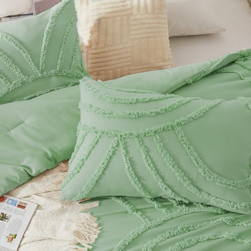 Image of ENJOHOS Green Boho Comforter Set Queen - Queen Size Comforter Sets, 3 Pieces Boho Tufted Rainbow Bedding Comforters for All Season, Lightweight Soft Microfiber Comforter with 2 Pillow Cases