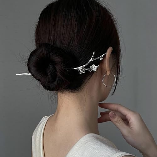 Image of S.A.V.I Silver Cherry Blossom Hair Stick for Women | Elegant Chinese Style Metal Hairpin | Unique Floral Branch Design Hair Accessories for Buns & Hairstyles | Traditional & Modern Look