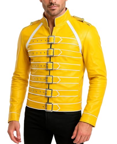 LP-FACON Mens Costume Concert Yellow Cosplay Faux Leather Jacket