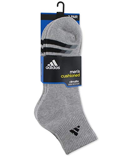 adidas Men's Cushioned Quarter Socks (3-Pair), Heathered Lt Onix/Black/Granite/Tech Grey, Large, (Shoe Size 6-12)