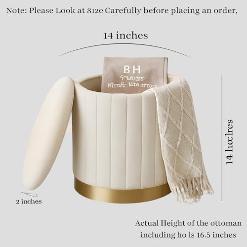 Image of Round Velvet Luxurious Storage Ottoman, Pouf with Storage Vanity Stool Chair,Upholstered Foot Rest Stool with Gold Strip Base for Living Room or Bedroom (Beige, Medium- 36Dx36Wx40H)