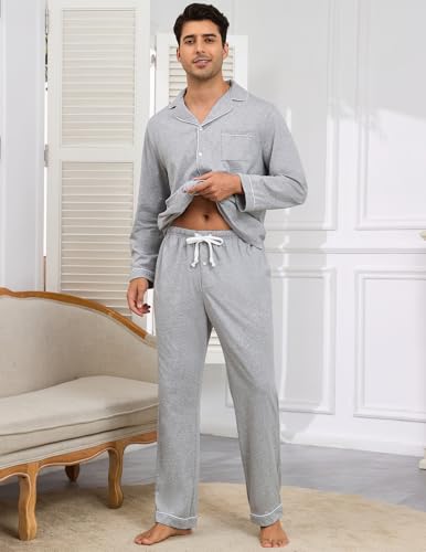 Image of Veseacky Mens 100% Cotton Pajamas Set Long Sleeve Button Down Sleepwear Soft Loungewear Pjs with Pockets