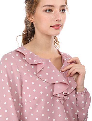 Allegra K Women's Ruffle Neck Long Sleeve Vintage Polka Dots Tunics Blouse Shirt M Pink