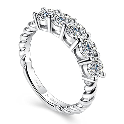 5 Stone Moissanite Wedding Bands For Women, D Color VVS1 Lab Created Diamond 18K White Gold Plated 925 Sterling Silver Stackable Engagement Ring valentine's day jewelry gifts