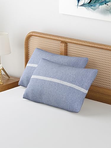 Image of 180 TC Pillow Cover Set of 2 | Pillow Cover Cotton 100% | Pillow Cover Set of 2 King Size | Wrinkle Free & Fade Resistance | Striped Pattern | Standard Size | All Season Use (Light Blue)