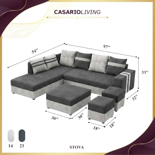 Image of Stova Luxe Velvet-Suede Fabric 8 Seater LHS Sofa Set | with 2 Ottomans& Centre Table| Comfortable & Spacious Seating | Modern Sofa Set for Living Room - Light Grey & Dark Grey