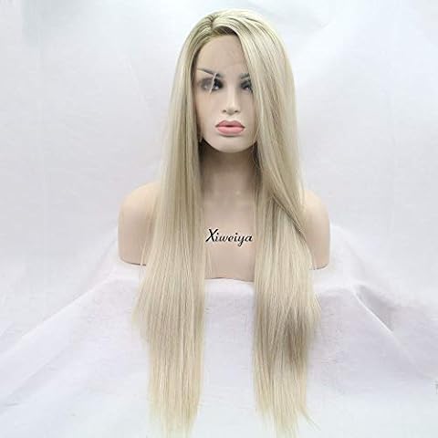 Xiweiya Kunsthaar-Perücke, glattes Haar, helles Blond, Ombre-Braun, Seitenteil, Synthetik-Spitze vorne Cover