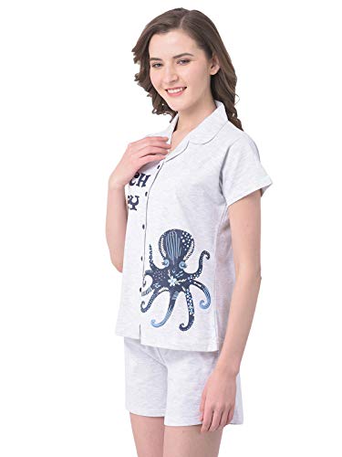Image of Clovia Women's Print Me Pretty Button Me Up Shirts & Shorts