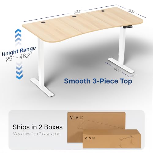 Image of VIVO Electric 63 x 32 in Standing Desk, Memory Height Adjustment, 1B Series, Holds 220 lbs, Light Wood Top White Frame, DESK-KIT-1W1C