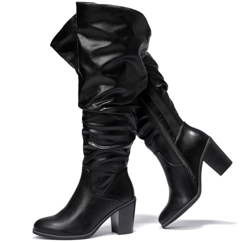 Luoika Women's Extra Wide Calf Knee High Boots, Wide Width Slouchy Knee-High Boots Chunky Pump Heel Plus Size Boots.