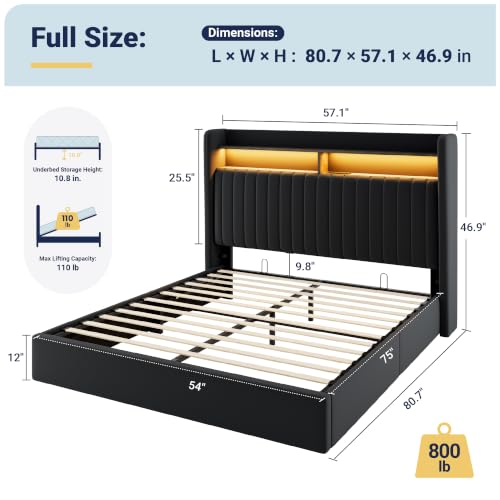Image of Allewie Full Size Lift Up Storage LED Bed Frame, Charging Station, Black