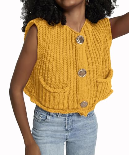 Image of Women's Sleeveless Crochet Cardigan Vest Casual Fashion Button Down Open Front Sweater Vest with Pockets
