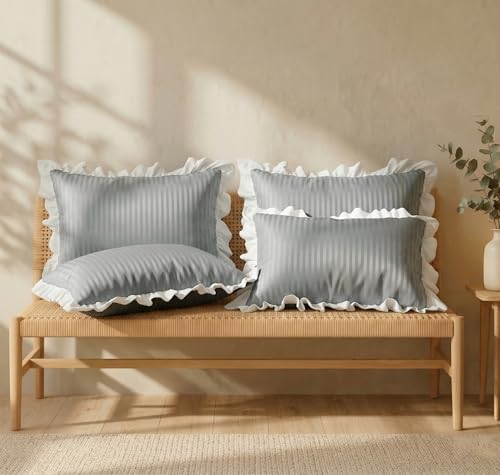 Image of VAS COLLECTIONS Cotton Pillow Covers Set of 4 (18x28 Inch) Rectangular Throw Pillow Cases with Frill Border, Envelope Closure Cushion Covers for Living Room, Bedroom & Diwan (Slate Grey)