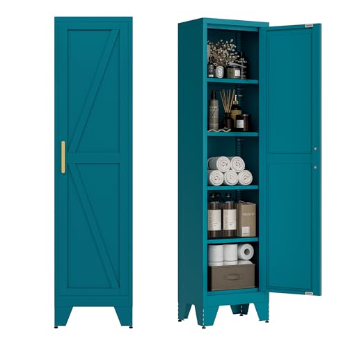 Image of LCAOPC 67 inch Tall Narrow Bathroom Metal Storage Cabinet with 4 Adjustable Shelves, Freestanding 5 Tier Slim Pantry Storage Cabinet for Small Space, Peacock
